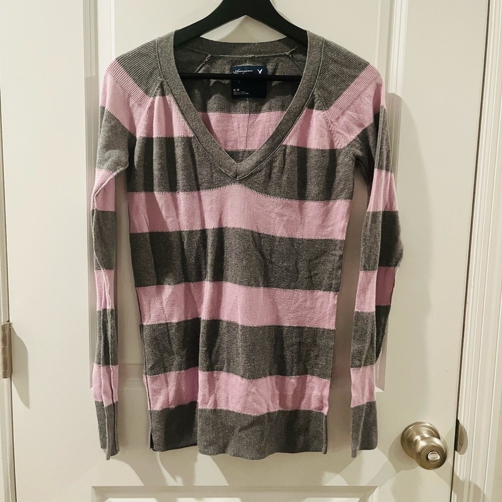 Y2K  grey and lavender Striped V-Neck longline Sweater